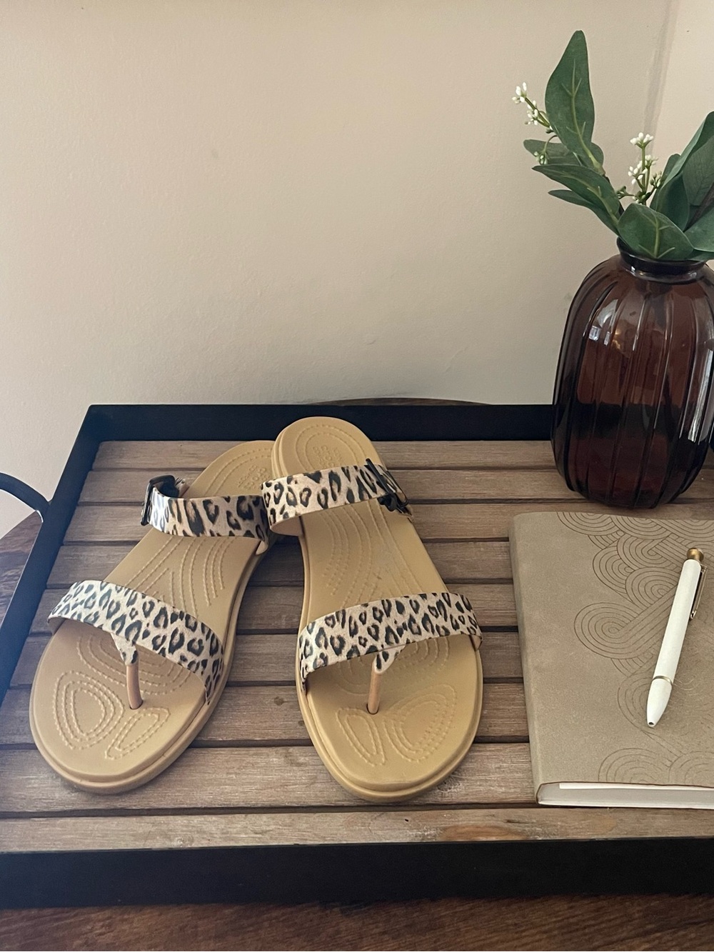 CROCS Women's Leopard Print Double-Strap Sandals - Tan & Leopard